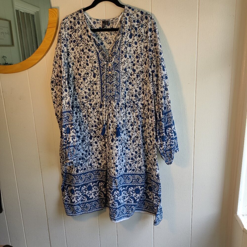 Vera Moda Curve, Cotton Dress in Blue & White Chintz. Sz 14  Relaxing, natural